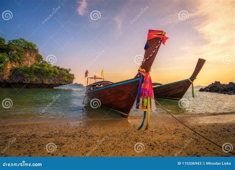 Thai Longtail Boats Parked At The Koh Hong Island In Thailand Stock