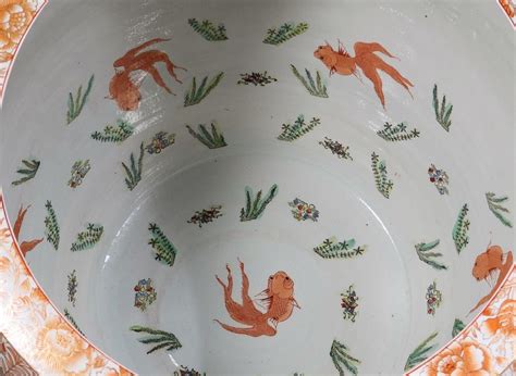 Huge Scale 32″ Decorative Chinese Porcelain Fish Bowl Jardinière Planter - The Hoarde Vintage