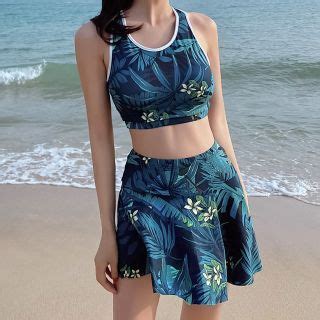 Salanghae Set Leaf Print Bikini Top Swim Skirt Long Sleeve Zip