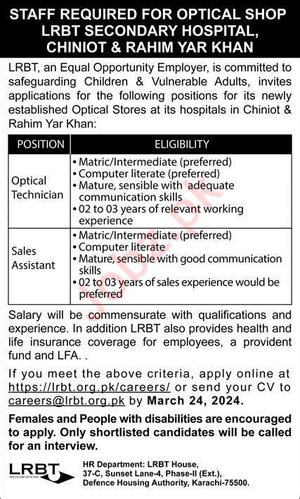 Job Positions At Lrbt Secondary Eye Hospital Job Advertisement