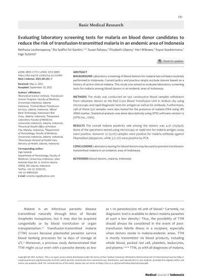 View Of Evaluating Laboratory Screening Tests For Malaria On Blood