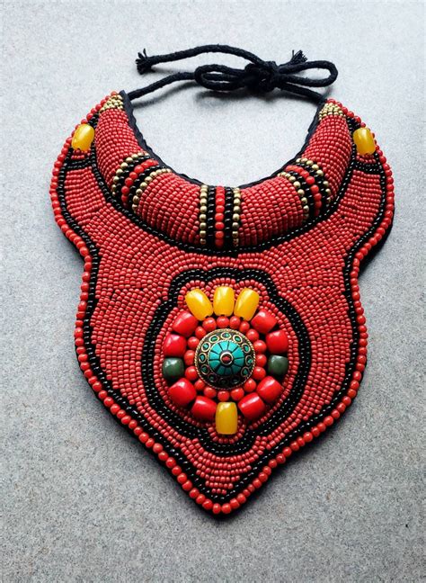 Tibetan Beaded Bib Necklace Statement Necklace Coral Collar Necklace