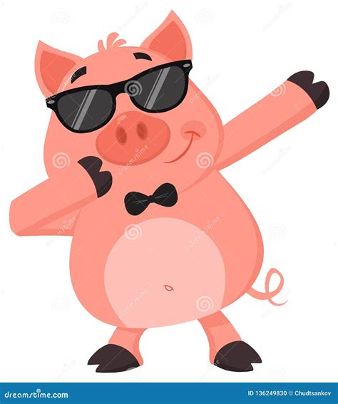 Funny Pig Cartoon Character With Sunglasses Dab Dabbing Stock