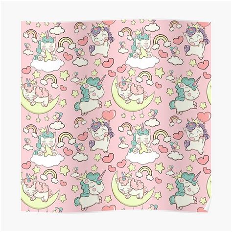 Cute Unicorns On A Pink Background With Clouds Stars And Hearts