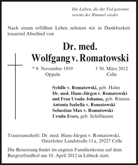 Traueranzeigen Von Dr Med Wolfgang V Romatowski Trauer Anzeigen De