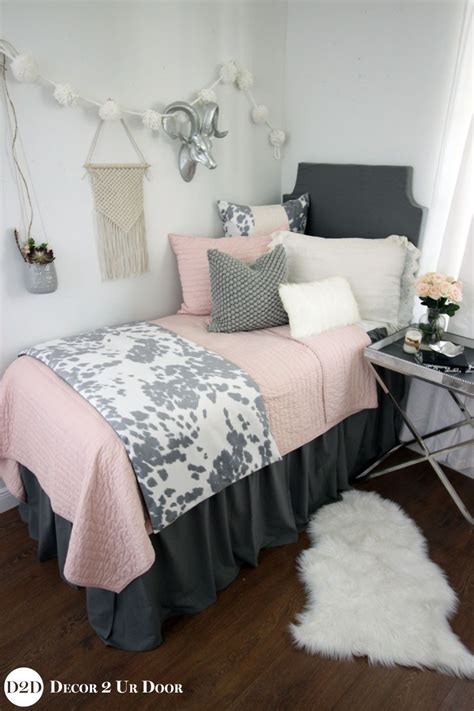 Blush And Grey Cowhide Dorm Bedding Set Dorm Room Bedding Dorm Bedding