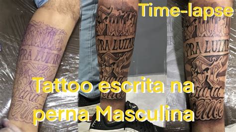 Fechamento de Perna Masculina Escrita Tattoo Força pra Lutar Fé