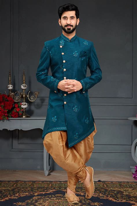 Embroidered Imported Silk Asymmetric Sherwani In Teal Blue