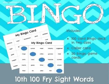 Bingo 10th 100 Fry Sight Words By Eduprintables TPT