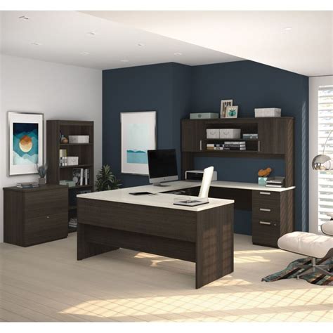 Bestar Ridgeley 65w U Shaped Desk With Hutch Lateral File Cabinet