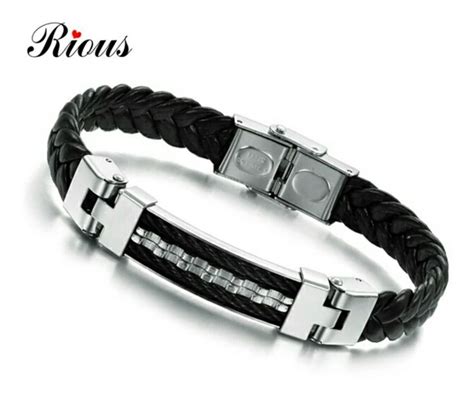 Pulsera Brazalete Elegante Hombre Piel Acero Inoxidable En