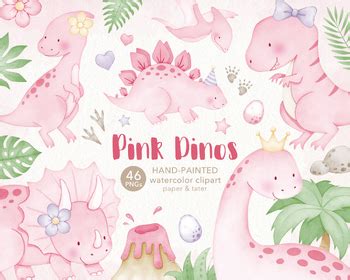 Baby Pink Dinosaurs Watercolor Clipart Cute Baby Girl Dinos Png