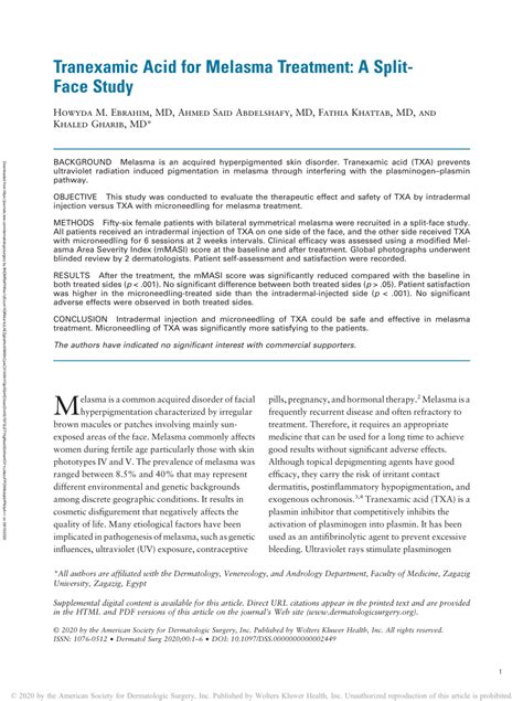 Pdf Tranexamic Acid For Melasma Treatment A Split Face Study