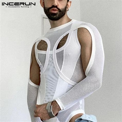 Incerun Body De Malla Transparente Para Hombre Pijama De Manga Larga