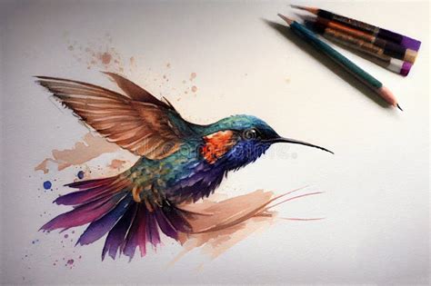 Dibujo De Colibrí Con Un Poco De Acuarela Stock de ilustración