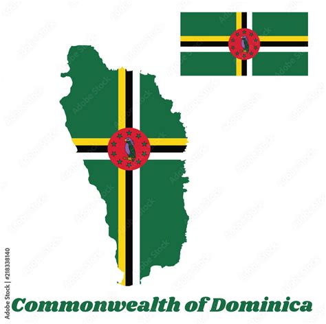 Map outline and flag of Dominica, A green field with the centred cross of yellow, black and ...