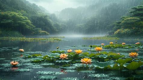 Premium Photo There Are Many Water Lillies In The Water With Rain