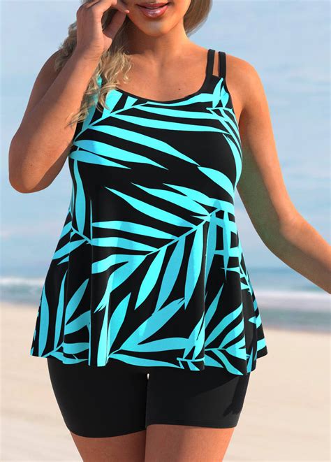 Cyan Plus Size Leaf Print Tankini Top Usd 29 98