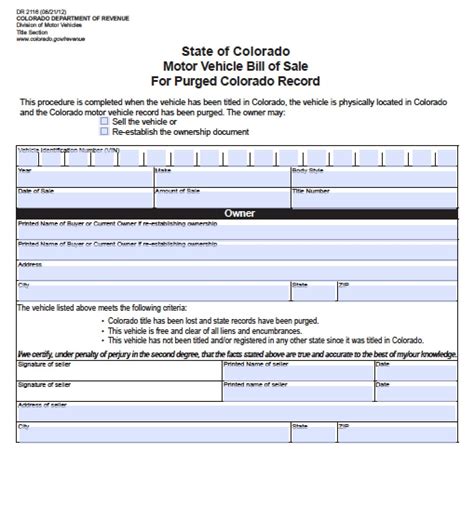 Free Colorado Vehicle Bill Of Sale For Purged Record Form Dr