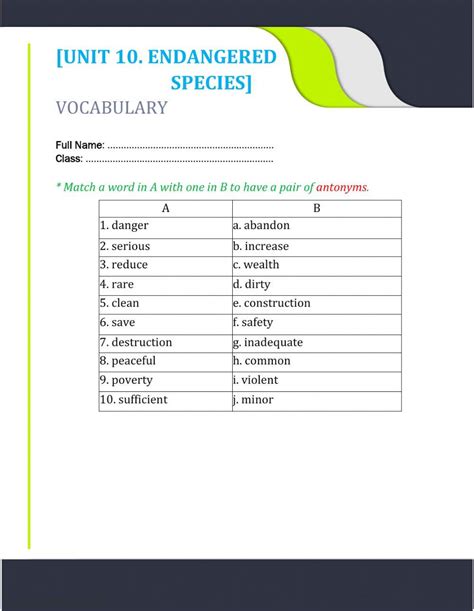 Unit 10 Matching Antonym Worksheet Live Worksheets