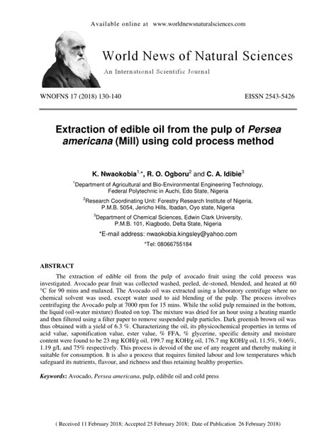 (PDF) Extraction of edible oil from the pulp of Persea americana (Mill ...