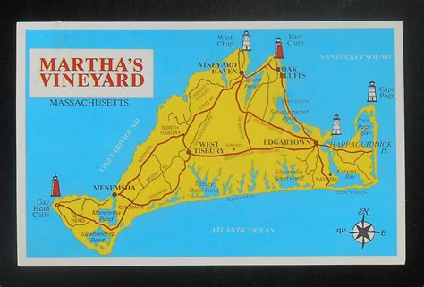 1987 Map Five Lighthouses Marthas Vineyard Ma Dukes Co Postcard