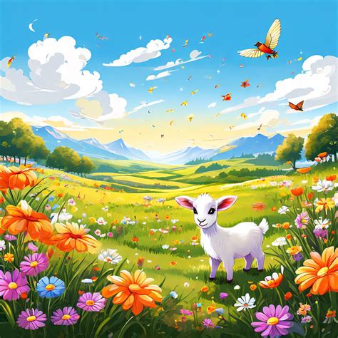 Cartoonish grassland with colours full flowers. Birds and in... by Mani ...