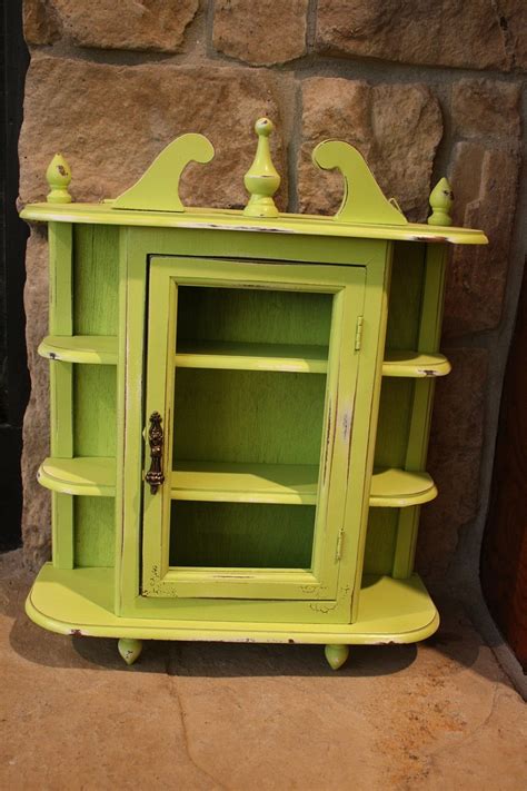 Shabby Chic Distressed Lime Green Curio Cabinet Etsy Green Curio