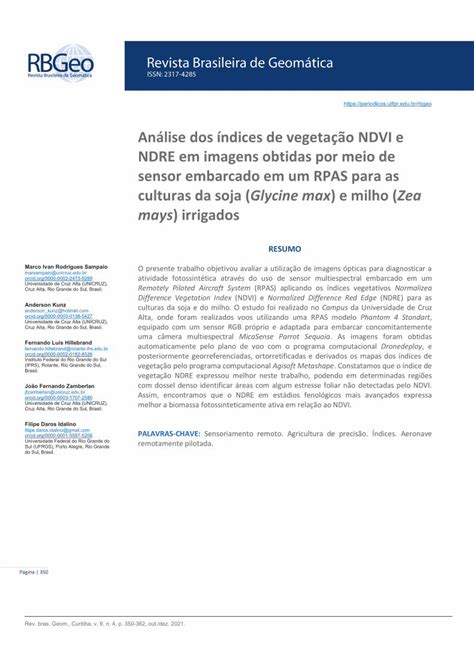 Pdf An Lise Dos Ndices De Vegeta O Ndvi E Ndre Em Imagens Dokumen