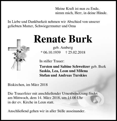 Traueranzeigen Von Renate Burk Vrm Trauer De