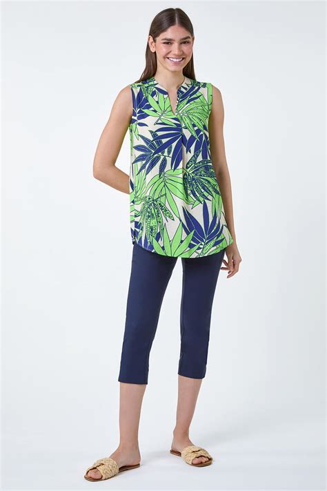 Roman Palm Leaf Tropical Print Sleeveless Blouse In Lime Female