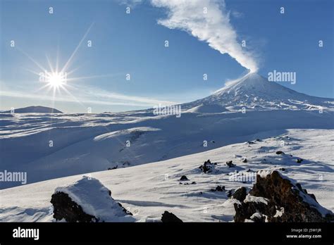 Beautiful Volcanic Landscape Of Kamchatka Winter View Of Eruption Active Klyuchevskaya Sopka