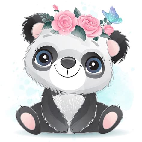 Lindo Bebé Panda Con Flores Vector Premium