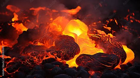 Powerful lava flow illuminating the landscape in the aftermath of a volcanic eruption Stock ...