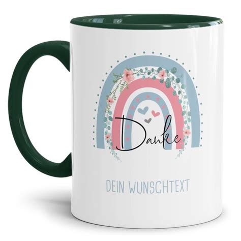 Tasse als Danke Geschenk Regenbogen mit Wunschtext Dunkelgrün