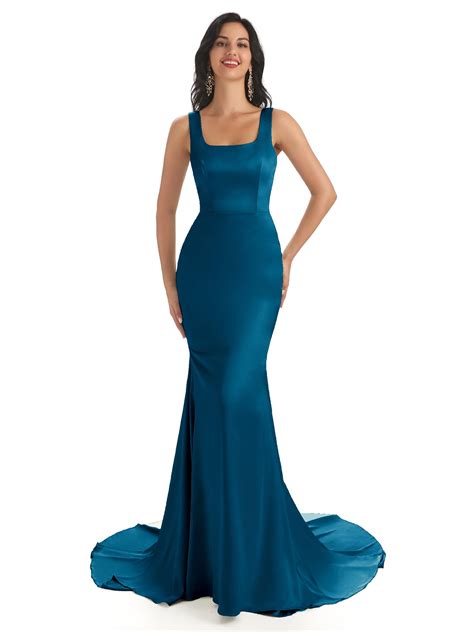 Sexy soft satin side slit straps square floor length mermaid bridesmaid