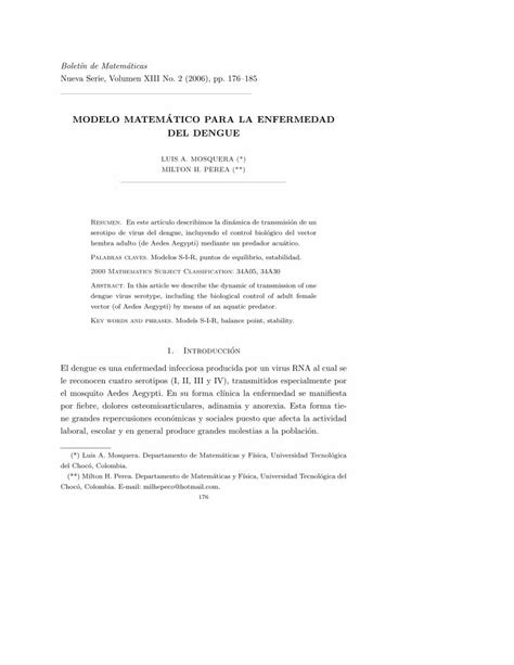 Pdf Modelo Matematico Para La Enfermedad Del Dengue De La