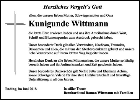 Traueranzeigen Von Kunigunde Wittmann Mittelbayerische Trauer