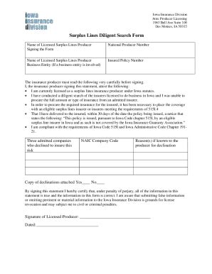 Fillable Online Surplus Lines Diligent Search Form Fax Email Print