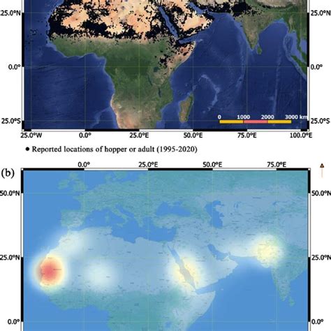 Habitat and Heat-map of desert locust. (a) Locations of hoppers and ...