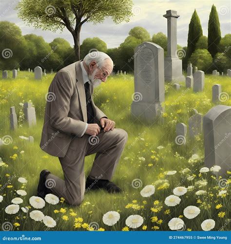 Image of Someone Kneeling by a Grave in an Overgrown Garden Mourning