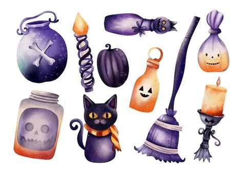 Premium Vector Witch Craft Set For Halloween Element Watercolor