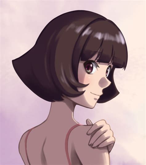 Safebooru 1girl Bangs Blush Bob Cut Brown Eyes Brown Hair Hand On Own