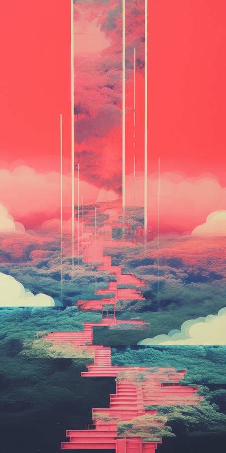 Hyper-detailed Glitch Art: Red and Pink Sky and Clouds Painting Stock ...