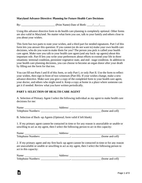 Free Maryland Advance Directive Form Template Pdf Word Eforms