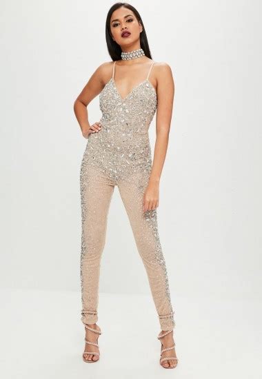 Carli Bybel X Missguided Nude Embellished Jumpsuit Party Fashion