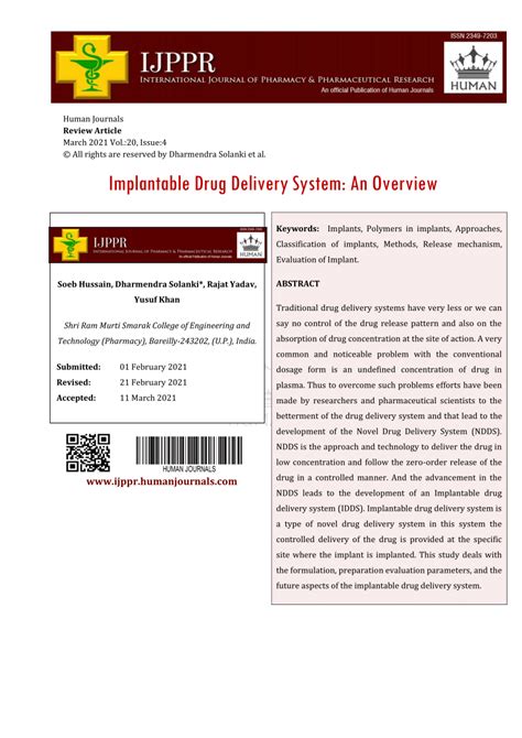 Pdf Implantable Drug Delivery System An Overview