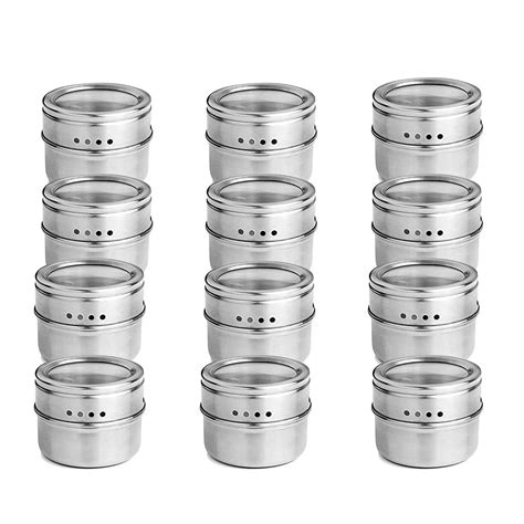 12pcs Set Clear Lid Magnetic Spice Tin Jar Stainless Steel Spice Sauce