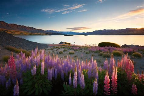 Lupins of lake Tekapo stock illustration. Illustration of tekapo ...