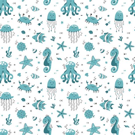 Cute Seamless Pattern With A Nautical Theme Ocean And Sea Life Background For Fabric And